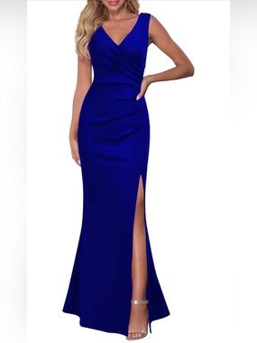 Sleeveless Cobalt Blue V-Neck Maxi Dress with High Side Slit